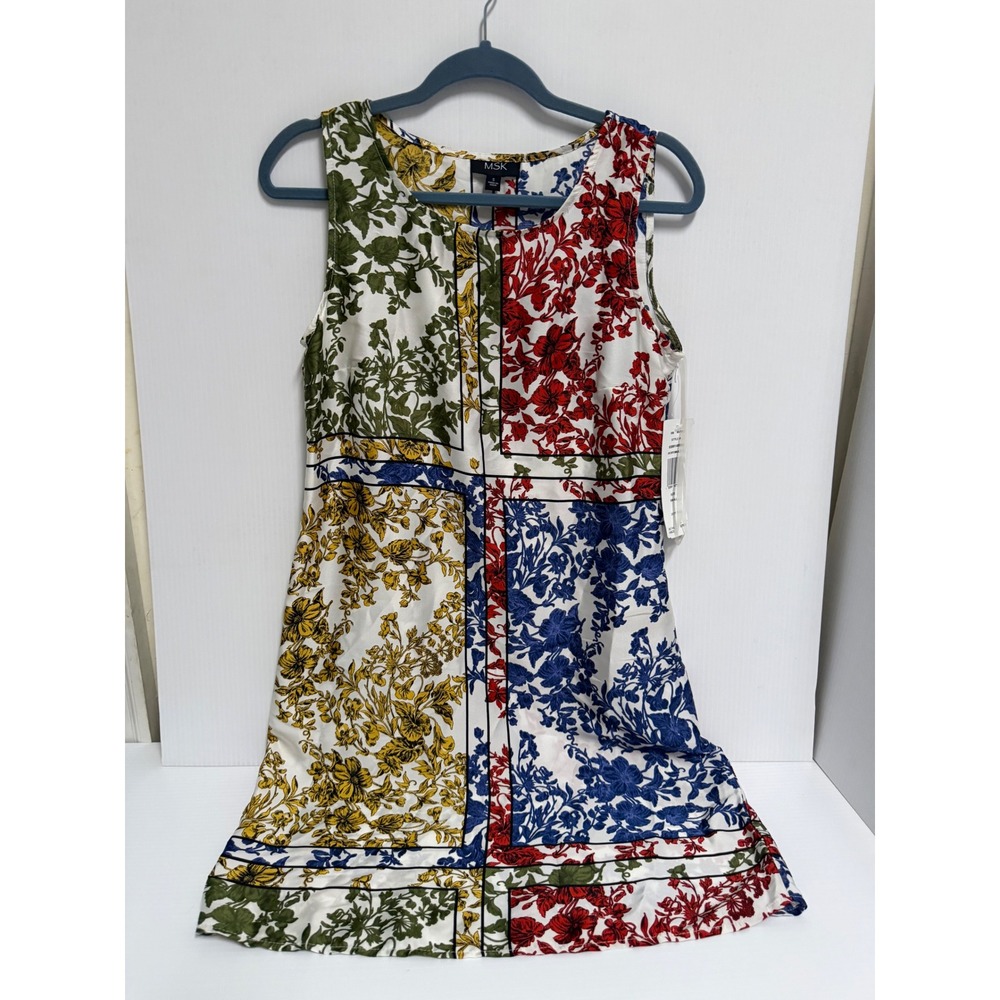MSK Womens Sleeveless Floral Scarf Print Shift Dress Ivory Multi Small 93991489H